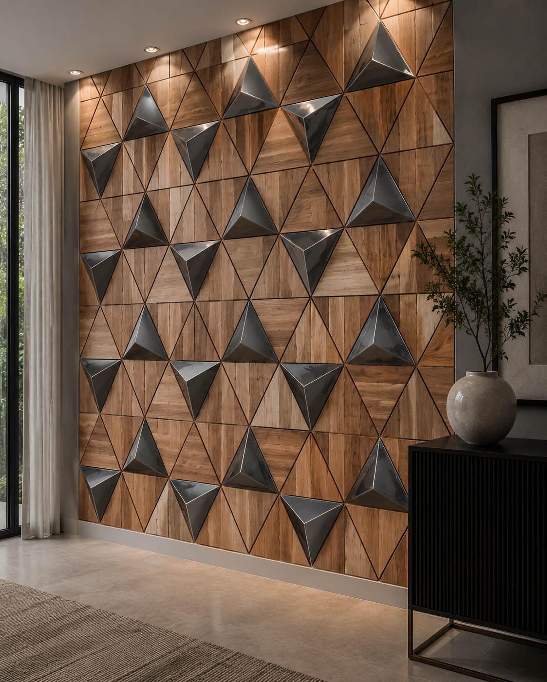 Luxury Wall Decoration Panel | Teak Wood & Stone Mosaic Finish